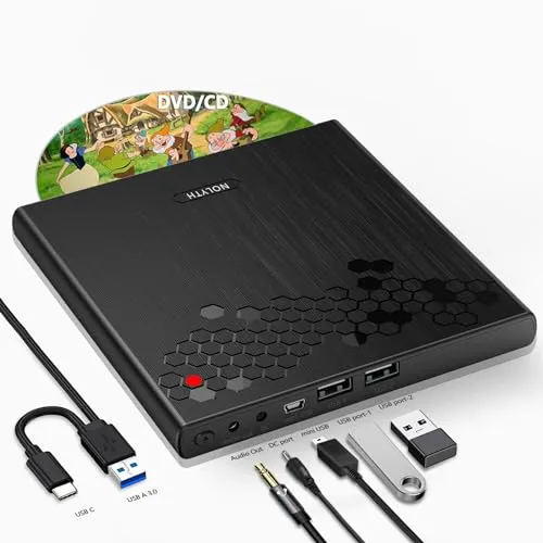 NOLYTH Externes CD Laufwerk für Laptop - Externe CD- & DVD-Laufwerke mit 3.5mm Audio Buchse für hochwertigen Sound und 2 USB Ports als Hub, ideal für Mac und Windows 11, Plug & Play für einfache Nutzung.
