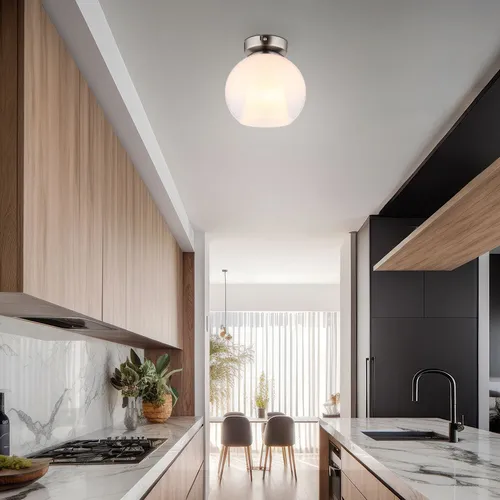 Elegante Deckenlampe mit Kristallen - Wohnzimmerleuchte - Lampen - Stilvolle Deckenleuchte aus verchromtem Metall und opaler Glaskugel, verziert mit klaren Kristallen für ein funkelndes Ambiente.