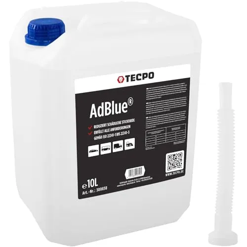 TECPO AdBlue ®, 10 Liter Harnstofflösung SCR Abgasreinigung Ad Blue mit Trichter Kanister Ausgießer Diesel TDI inkl. Füllschlauch für Auto, LKW, PKW
