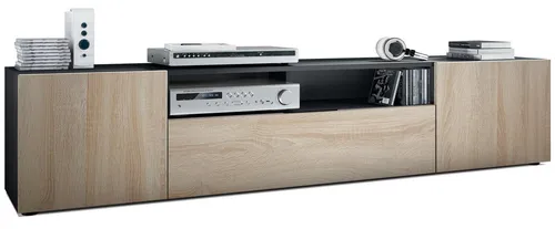 Vladon Lowboard Mogan - TV-Kommode in Schwarz matt/Eiche Sägerau - TV-Halterungen - modernes Lowboard mit Soft-Close Türen, pflegeleichte Oberfläche und individuelle Montageoption für jeden Wohnraum