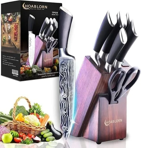 ChefHoablorn 7-TLG Messerblock Set mit Holzblock, Selbstschärfend für Kochmesserset, Edelstahl Messerset Profi Küchenmesserset Gut für Zuhause, Koch, Hochzeit, Einzugsgeschenk