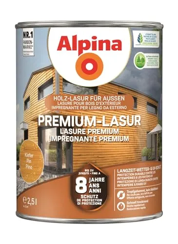 Alpina Premium-Lasur Kiefer 2,5 Liter seidenmatt - Hochwertige Lasur für Holz mit seidenmattem Finish, ideal für den Innen- und Außenbereich. Schützt und verleiht Holz eine schöne Optik.