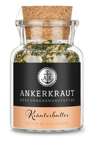 Ankerkraut Kräuterbutter, kinderleicht mit Butter anrühren und selber machen, mit Knoblauch, Basilikum, Gewürzzubereitung zum Grillen, BBQ, Brot-Dip, 65 g im Korkenglas