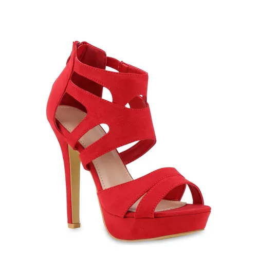 Mytrendshoe Damen Plateausandaletten 811837 - Rot, Größe 37 - Wanderschuhe mit eleganten Cut-Outs und 14 cm Absatzhöhe, ideal für stilvolle Auftritte im Frühling und Sommer.