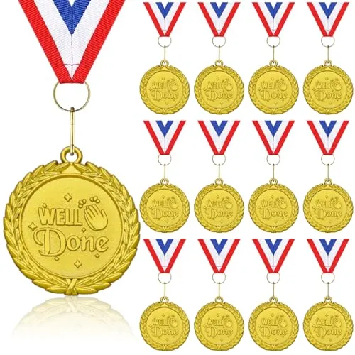 Donrime Well Done Medaillen, Goldmedaillen aus Metall, Sporttagsmedaillen mit Band, Halskette für Sporttagspreise, Turnwettbewerbe, Partygeschenke, Kinder und Erwachsene, 12 Stück