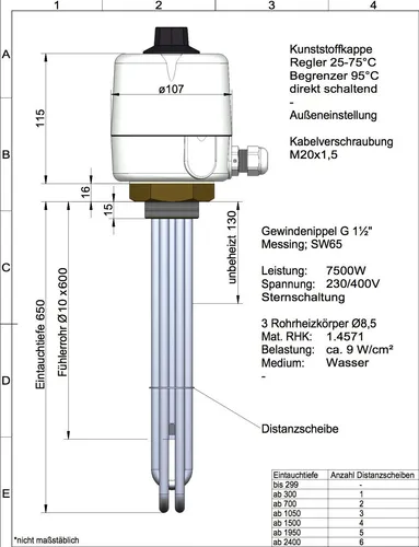 Einschraubheizkörper 7,5 kW - Warmwasserspeicher mit unbeheizter Zone, ideal für effiziente Warmwasserbereitung in großen Tanks über 680 L, hergestellt in Deutschland.
