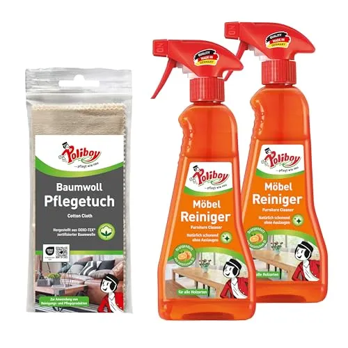 POLIBOY Möbel Reiniger - Schonender Holzreiniger - Möbel & Holz-Politur: pH-neutrale Rezeptur für schonende Reinigung von Holzmöbeln mit frischem Organgenduft und inkl. Baumwolltuch für perfekte Pflege.