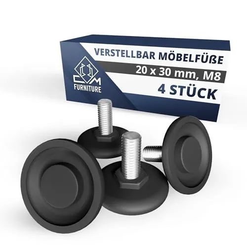 CM Furniture 4x Stellfüße Möbelfüße M8 x 20mm Höhenverstellbare Füße Schraubfüße für Tisch Stuhl Einstellschraube Stuhlbeine Gewinde M8 Einstellbar Verstellschrauben Nivellierfüße Regulierschraube DIY