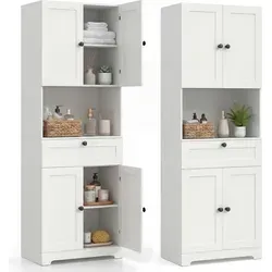 COSTWAY Hochwertiger Badezimmerschrank mit 4 Türen & 1 Schublade, Weiß - Praktischer Badezimmerschrank mit 2 Türen, 1 offenem Fach und 1 Schublade. Verstellbares Regal für individuelle Aufbewahrung, stabil und sicher – ideal für Badezimmer, Küchen oder Wohnräume.