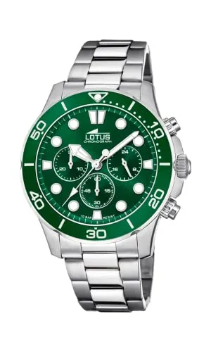 LOTUS Excellent 18756/2 Herrenchronograph Edelstahl Silber, 45 mm - Armbanduhren für Herren mit 10 bar Wasserdichtigkeit, ideal für Schwimmen und Schnorcheln. Elegantes Design mit grünen Akzenten und präzisem Quarz-Uhrwerk.