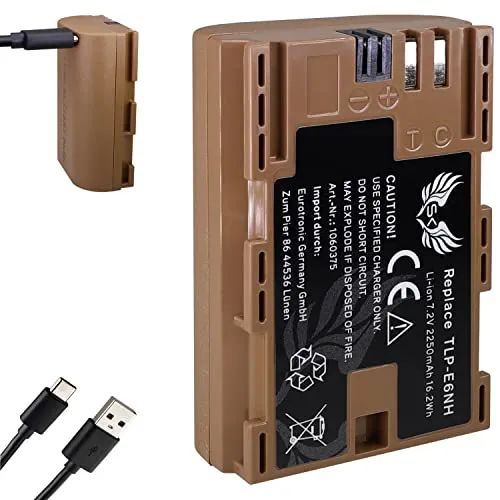 SK Akku kompatibel mit Canon LP-E6NH < 2250mAh > LP-E6P LP-E6N LP-E6 < mit USB Typ-C Ladebuchse > Canon EOS R R5 II R6 II R7-6D 7D 80D 90D - XC15