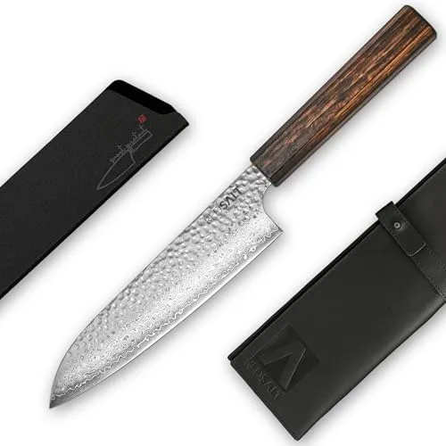 REDSALT® Damastmesser SANTOKU 18cm - Handgefertigtes Profi Küchenmesser - Küchenmesser mit traditionellem japanischen Oktagon-Griff, hergestellt aus hochwertigem AUS10 Damaststahl für präzise Schnitte und Langlebigkeit.