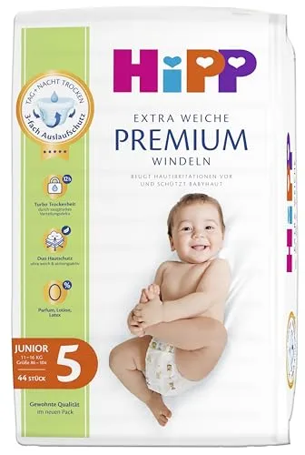 HiPP Extra Weiche Premium Windeln Größe 5 (Junior, 11-16kg), 88 Stück (2 Packungen mit 44), mit 3-fach Auslaufschutz und Duo Hautschutz