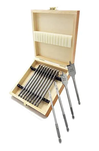 Flachfräsbohrer Satz 13tlg. 6-25 mm - Bohrersets mit 13 Größen für präzise, tiefe Bohrungen. Zentrierspitze verhindert Abrutschen, splitterfreier Schnitt und im stabilen Holzkasten für optimale Organisation.