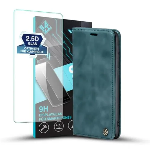 LBH Handyhülle für Samsung Galaxy A52 / A52 5G / A52s 5G in Petrol Blau mit Displayglas Karten- und Geldfach Smartphone Hülle mit Standfunktion Flip Case Schutzhülle Magnetverschluss Vintage