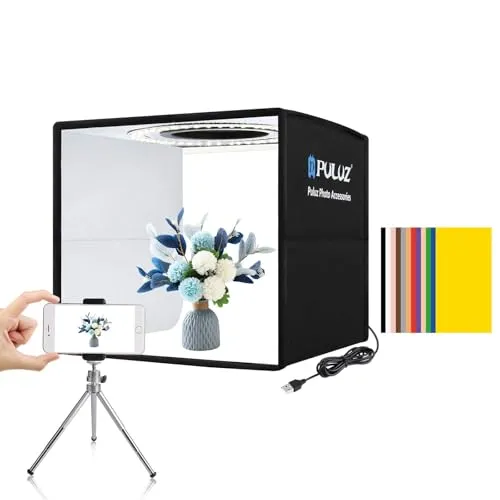 PULUZ Fotobox Miniaturen 25x25cm, Faltbares Mini Fotostudio Set mit 104 LED-Leuchten CRI >95 & 6 Arten Doppelseitiger Farbhintergründe für kleine Produktfotografie