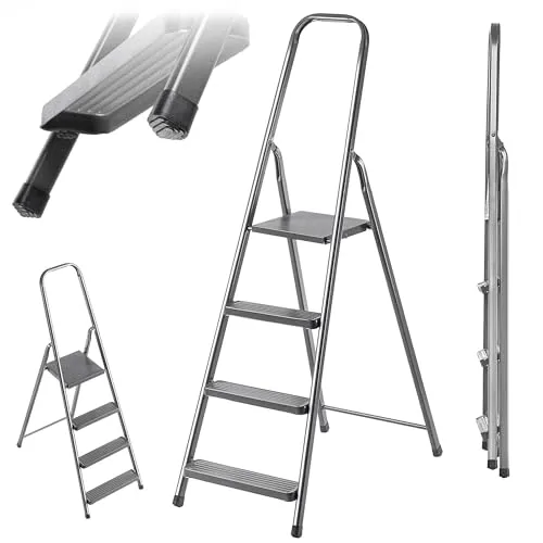 KADAX Klappbare Stufenleiter aus Stahl, 4 Stufen, mit Antirutsch-Füßen und Ablage, Einseitige Trittleiter für Haushalt und Garten