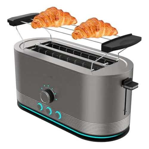 Cecotec Vertikaler Toaster Shine&Toast Extra Double - Edelstahl Toaster mit 4-Scheiben-Kapazität, 1400W Leistung und 7 Röststufen für perfekte Ergebnisse. Die obere Stangenwärmfunktion und der Leuchtring bieten zusätzliche Benutzerfreundlichkeit.