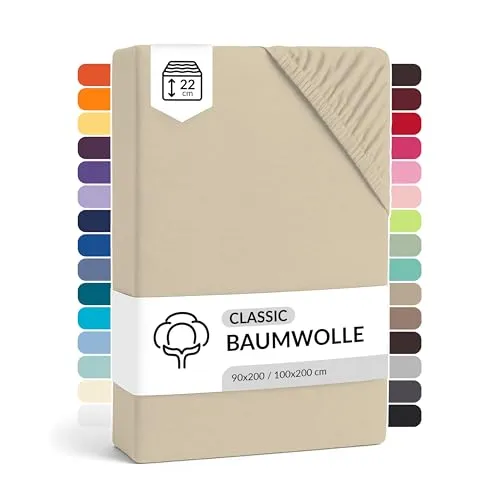 LARAWELL Spannbettlaken 90x200cm Baumwolle, bis 100x200, beige, Spannbetttuch Jersey (gekämmt), Matratzenhöhe bis 22 cm, bügelfrei, atmungsaktiv, formstabil
