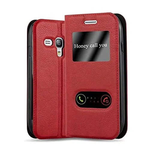 Cadorabo Hülle kompatibel mit Samsung Galaxy S3 MINI in Safran ROT - Schutzhülle mit Magnetverschluss, Standfunktion und 2 Sichtfenstern