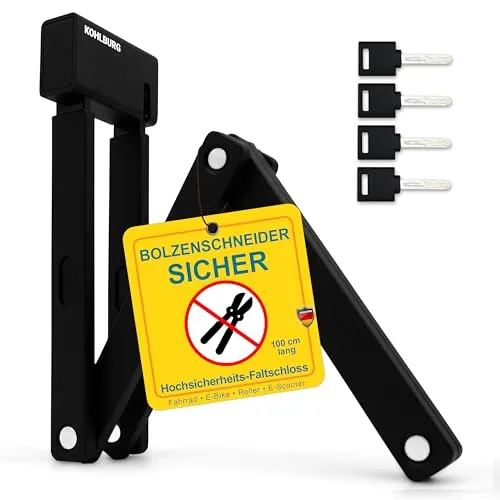 KOHLBURG Faltschloss Sicherheitsschloss [9mm dicke Faltglieder, 100cm lang] – Fahrradschloss mit Halterung & 4 Schlüssel – Fahrrad Schloss für e Scooter, Roller, e-Bike & Bike Lock hohe Sicherheit