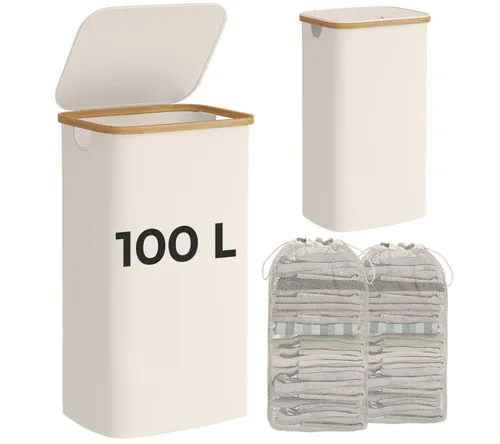 Bellamio Tolt Wäschekorb 2 Fächer beige - Wäschekorb aus Oxford-Gewebe mit 100 L Volumen, stabiler Bambusstruktur und herausnehmbarem Wäschesack – ideal für Bad oder Schlafzimmer.
