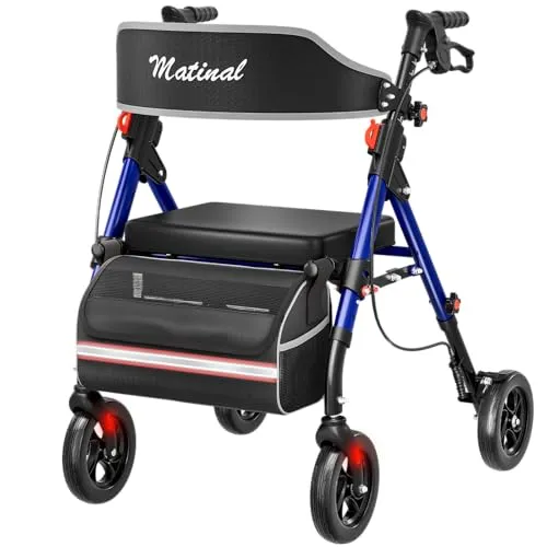 Matinal Rollator Faltbar und Leicht mit Sitz, Rollatoren für Senioren bis 160 kg, Mit 8-Zoll Geländeräder & 360° Lenkung, 6-Fach Höhenverstellbar, Alltagstauglich für Indoor/Outdoor(Blau)
