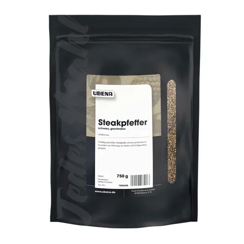 Ubena Steakpfeffer schwarz geschroten 750g - Herzhafter Pfeffer für die perfekte Würze von Steaks und Grillgerichten. Ideal zum Verfeinern von Fleischgerichten, in praktischem Zipbeutel für eine einfache Lagerung.