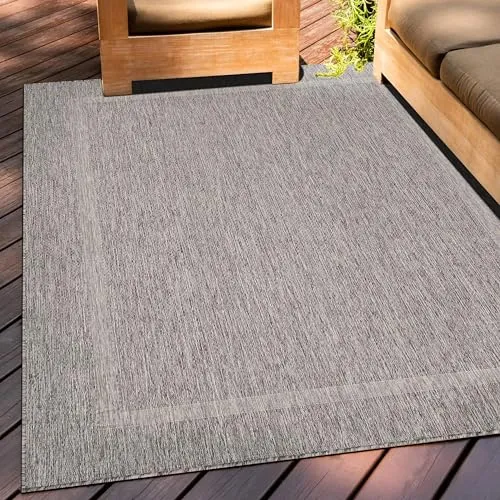 Teppium Outdoor Teppich Wetterfest 60 x 100 cm Grau Sisal Optik - Küchenläufer Waschbar rutschfest, Wasserfest, Bordüre, Pflegeleicht - Ideal für Balkon, Terassen, Garten, Camping oder Küche