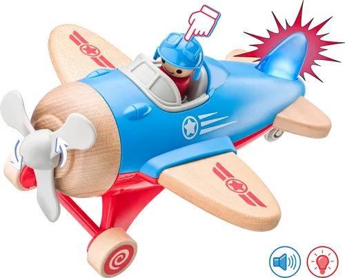 Woodyland Lernspielzeug Flugzeug mit Licht und Sound - 2-teiliges Holz-Kunststoffspielzeug mit beweglichem Propeller. Drücken Sie den Piloten für Licht- und Soundeffekte. Ideal für Kinder ab 18 Monaten – fördert die Kreativität und den Spielspaß.