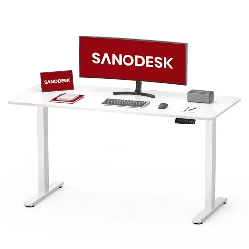 SANODESK Höhenverstellbarer Schreibtisch 100×60 cm mit Durchgehender Tischplatte – kompakter Standing Desk & Sitz-Steh-Tisch für kleine Räume, ergonomisch & stilvoll, Weiß