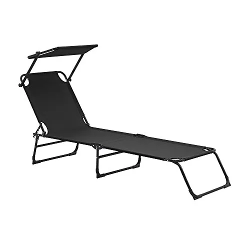 casa.pro Sonnenliege Lomeda Liegestuhl klappbar Relaxliege Strandliege bis 110 kg 187 x 53 x 27 cm Gartenliege mit Sonnenschutz Rückenlehne verstellbar Stahlgestell Schwarz