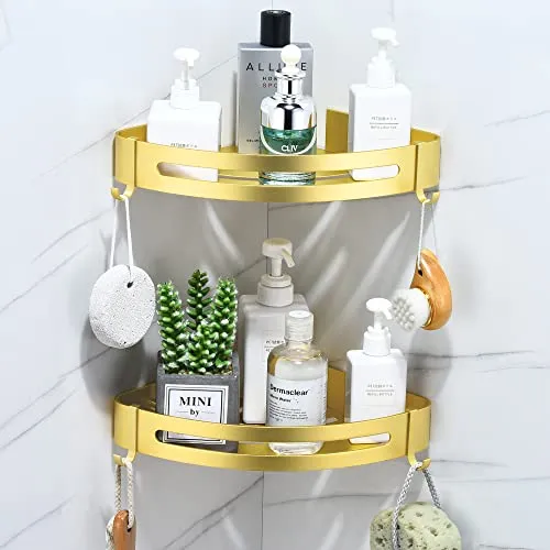 maifey Duschregal Ohne Bohren, Duschablage Eckregal Space Aluminium Badezimmerregal Wandmontage Dreieck Duschkorb mit Haken Badregal Organizer für Shampoo,Anti Rost(2 Stück,Sandstrahlen Gold)