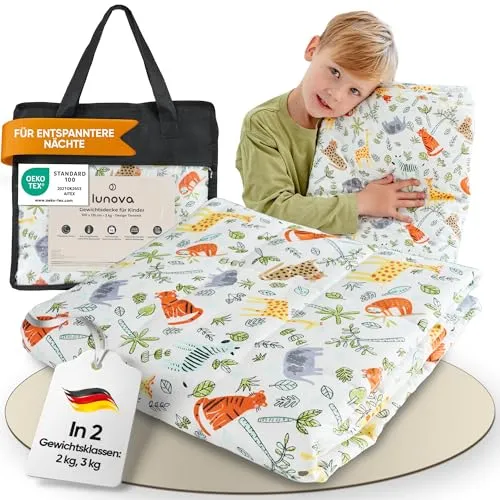 LUNOVA Gewichtsdecke Kinder 2kg Tierwelt (90x120cm) | beruhigende Schlafdecke mit süßem Tier-Design | Oeko-TEX Baumwolle, waschbar, ideal für 15-25kg Körpergewicht | Weighted Blanket Kids