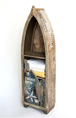 DanDiBo Regal Boot aus Holz – Maritimes Bootsregal in Antik Braun - Standregal im Bootsdesign, stabil und dekorativ, ideal für Badezimmer oder Wohnzimmer. Sofort einsatzbereit und perfekt zum Dekorieren mit Fischernetz.