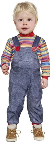 Kleine Mörderpuppe Kinderkostüm - Baby 18-24 Monate - Kostüme für kleine Horrorfans, verwandelt dein Kind in eine gruselige Mörderpuppe mit blauer Latzhose und buntem Rollkragenpullover.