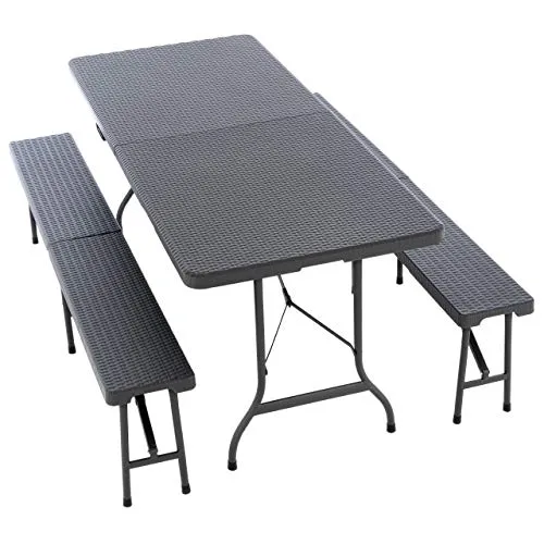 Nexos Trading Bierzeltgarnitur Gartengarnitur 1 Partytisch 2 Bänke klappbar Rattan-Optik anthrazit grau Set Festzelt Campingset Klapptisch robust wetterfest