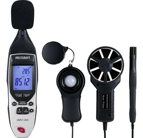 VOLTCRAFT UM5/1 200 Temperaturadapter - Multifunktions-Umweltmessgerät 5in1 - Anzeigeinstrumente mit 5 Sensoren: Schallpegel, Licht, Feuchtigkeit, Temperatur und Luftstrommessung. Ideal für professionelle und private Anwendungen, inklusive USB-Datenübertragung.