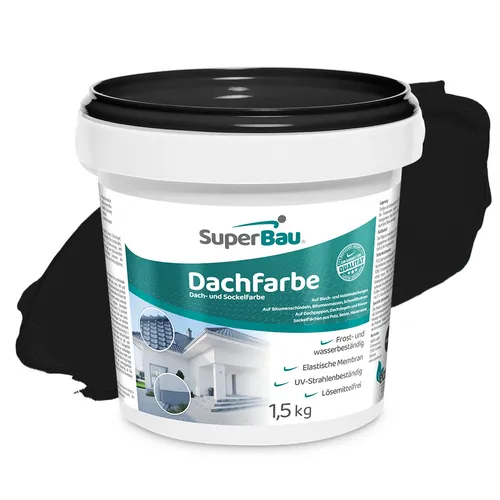Superbau Dachfarbe Schwarz 1,5kg, Sockelfarbe WASSERDICHT, Fassadenfarbe für Außen, Dachbeschichtung für Blechdach, Bitumen, Dachpappe, Schindeln Putz
