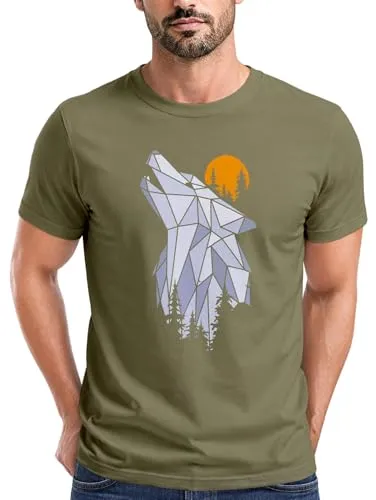 Neverless® Herren T-Shirt Polygon Print Wolf Wald Outdoor Adventure Natur Tiermotiv Fashion Streetstyle Army XXL
