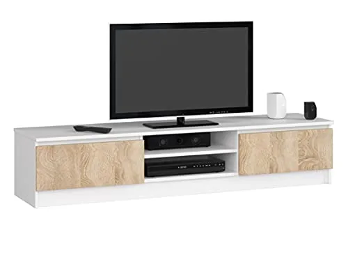 AKORD Low Board K-160 | TV-Shrank mit EIN offenes Regalfach | Fernsehkommode 2 Ablagen mit Klapptüren Links und rechts | H33 x B160 x T40 cm | Gewicht 30 kg | Farbe Weiß/Sonoma-Eiche