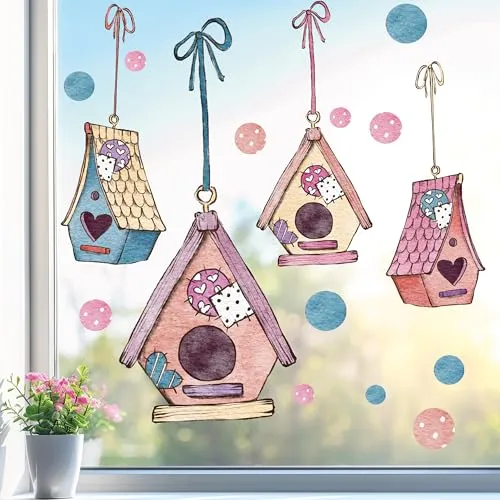 Sunnywall Fensterbild Fensterdeko Vogelhaus niedlich Vögel Fensteraufkleber statisch selbstklebend beidseitiger Druck Aufkleber Fenstersticker WIEDERVERWENDBAR A3
