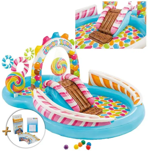 INTEX 57149NP Planschbecken Candy Zone - Spaß für die Kleinen - Swimmingpools mit 2 Lutschern und 6 Bällen, integrierter Dusche und komfortabler Landematte. Inklusive Wasserpflege und Reparaturflicken für unbeschwerten Badespaß!