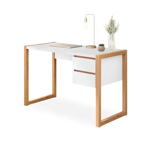 IDIMEX Schreibtisch Belinda – Moderner Home Office Tisch mit 2 Schubladen in Weiß/Eiche - Schreibtisch aus Kiefer Massivholz, ideal für kleine Arbeitsbereiche mit praktischem Stauraum und pflegeleichter Oberfläche für einen zeitlosen Look.