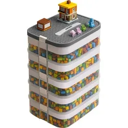 KRUZZEL Bausteine Aufbewahrungsbox 35L mit Griff & Trennwänden – 5 Etagen Stapelbox Transparent für Spielzeug & Schulbedarf Kinder