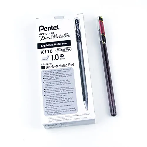 Pentel K110-DAX Dual Metallic Hybrid Dual Metallic Gelroller, Glitzer Gel, 12er Pack, schwarz/rot 2 verschiedene Farb-Effekte auf hellem/dunklem Papier schwarz+metallic rot