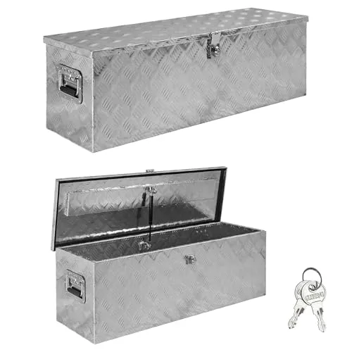 Trucky Anhänger-Deichselbox Aluminium D100 - Robuste Aluminium Werkzeugkiste für Anhänger, ideal für Werkstatt und Hobby. Mit gasdruckdämpferunterstütztem Deckel und verschließbarem Schloss für sichere Aufbewahrung.