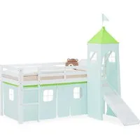 Homestyle4u Hochbett mit Rutsche, Grün & Weiß, 90x200 cm - Kinderbett aus massivem Kiefernholz mit grünem Stoffturm und Rutsche, ideal für kreative Spielideen und Rückzugsmöglichkeiten im Kinderzimmer.