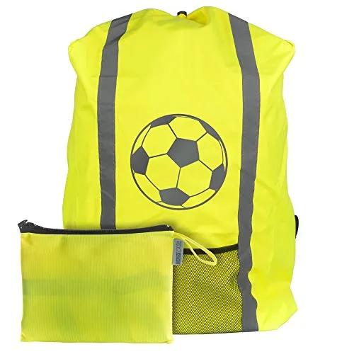 EAZY CASE Rucksack Schulranzen Regenschutz, Schutzhülle mit Reflektorstreifen, Regenüberzug, Regenschutzhülle wasserabweisend mit Reflektor und Tasche, mehr Sicherheit im Straßenverkehr, Fußball Gelb