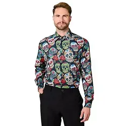 W WIDMANN MILANO Party Fashion Hemd für Herren - Kostüm-Oberteile für Erwachsene, langärmeliges Hemd im Dia de los Muertos Stil, auffälliger Totenkopf-Druck, ideal für Halloween und Kostümveranstaltungen.